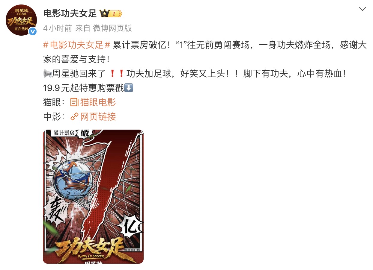 上映半日票房破亿！周星驰导演作品《功夫女足》引爆暑期档